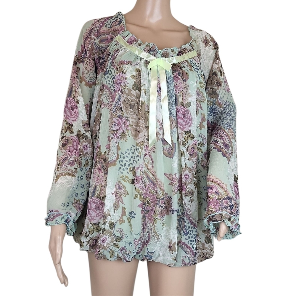 Kaelyn Max Paisley Floral Print Long Sleeve Peasant Sheer Blouse